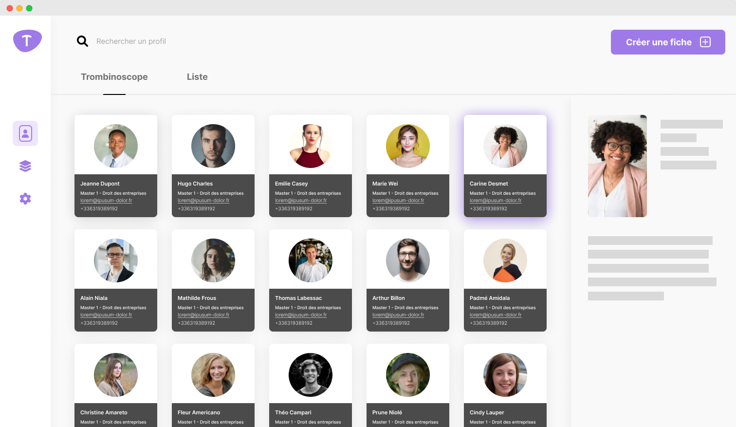 tableau de bord de trombi.net contenant plusieurs personnes